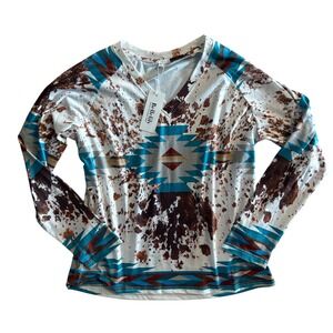 Y2K NWT Bellelily Womens Western Aztec V-Neck Long Sleeve Top Turquoise Large